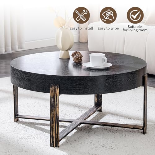 Round Coffee Table, Mid Century Small Coffee Table with Metal Legs, Wood Coffee Table Accent Center Table for Living Room Apartment Small Space (31.5''D-Black) - color: X Black