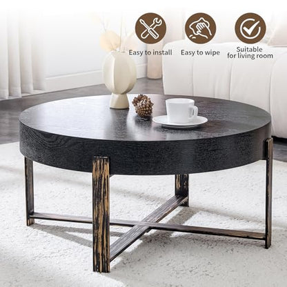 Round Coffee Table, Mid Century Small Coffee Table with Metal Legs, Wood Coffee Table Accent Center Table for Living Room Apartment Small Space (31.5''D-Black) - color: X Black