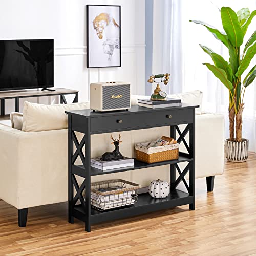 Yaheetech Narrow Entryway Console Table with Drawer, Storage Shelf, Black | X-Frame Painted MDF Build, Drawer and 2 Open Shelves for a Living Room, Sofa Side or Small TV Stand, Tabletop Holds 55 lb - color: Black