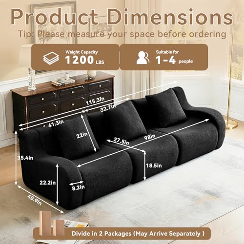 115.3" Modern 3 Seater Sofa, No Assembly, Streamlined Design, Modern Small Couch with Plush Teddy Fabric for Living Room, Bedroom, Apartment, Home Office (Black) - color: Black02, size: 3 Seat