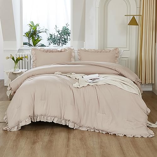 Litanika Full Comforter Set, 3 Pieces Khaki Ruffle Bedding Set | Farmhouse Shabby Chic Aesthetic Soft Fluffy Lightweight Breathable Bed Set for Girls Women Room Decor Gift All Season - color: 08 - Khaki, size: Full (79"x90")