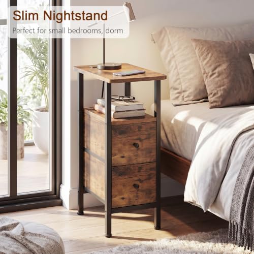 Narrow End Table with Charging Station, Small Nightstand | Skinny Side Tables Living Room with 2 Fabric Drawers, Slim Bedside Table for Bedroom, Small Spaces, Couch, Rustic Brown - color: Rustic Brown, size: 23.22''H (2 Drawers), style: Power