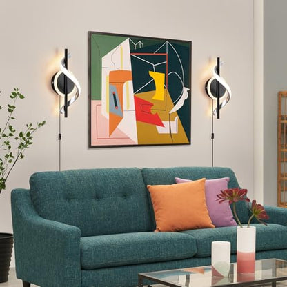 Black Plug in Wall Sconces Sets of 2, 12W Modern Spiral LED Wall Lamp, 3000K Warm White Wall Light Fixture for Stairs Living Room Bedroom Aisle Hallway - color: Black-Warm White