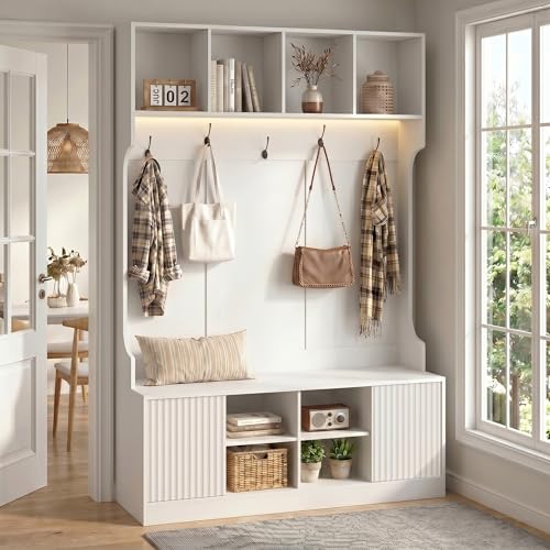 Hall Tree with Bench and Shoe Storage, 5-in-1 Entryway Coat Rack with LED Sensor Light, Hooks and Storage Cubes, Shoe Cabinet with Fluted Door, Modern Hall Tree for Entryway, Living Room - color: White