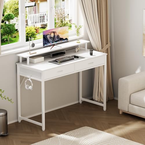 DUMOS 40-Inch Computer Desk with Drawers and Monitor Stand, White | Small Writing Desk for Home Office with Headphone Hook, Compact Study Table for Bedroom - color: White, size: 40-In