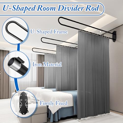 Privacy Partition Curtains, U Shaped Rod with Hook, 6.56ft,Grey | Wall Mounted Privacy Room Divider Rod with Flat Hook ,for Fitting Room Beauty Salon Bedroom Hospital - color: Grey