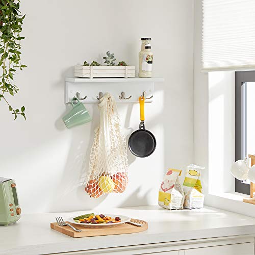 SONGMICS Entryway Hanging Coat Rack, Wall-Mounted Wooden Shelf, with 4 Double Hooks, Wall Floating Shelf, White ULHR42WT