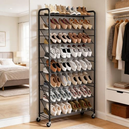 STORAGE MANIAC Tall Shoe Rack, 8 Tiers Shoe Organizer with Lockable Wheels for Entryway, Closet, Hallway, Double-Sided Vinyl Mesh Shelf Shoe Storage, Holds 60 Paris, Black