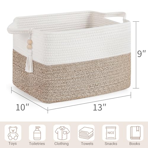 Mkono Woven Storage Basket, Cube Cotton Rope Basket for Shelves, 13"x10"x9" | Organizes Shoes Clothes Toys Towels Books, Gift Basket, Wooden Beads Tassel, Rectangle Bin, Fits Entryway Bedroom Living Room - color: Brown and White