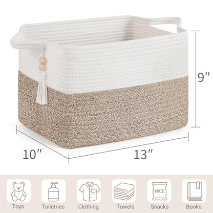 Mkono Woven Storage Basket, Cube Cotton Rope Basket for Shelves, 13"x10"x9" | Organizes Shoes Clothes Toys Towels Books, Gift Basket, Wooden Beads Tassel, Rectangle Bin, Fits Entryway Bedroom Living Room - color: Brown and White