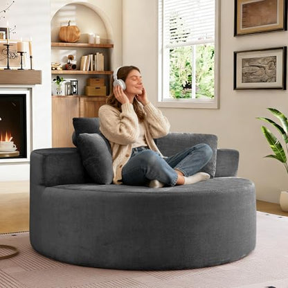 55" Oversized Round Chaise Longue Chair Indoor, Upholstered Terry Circle Single Cloud Reading Sofa Chair Deep Seat Modern Boneless Sleeper Couch No Assembly Required, Grey - color: Grey, style: 55"Terry