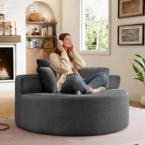 55" Oversized Round Chaise Longue Chair Indoor, Upholstered Terry Circle Single Cloud Reading Sofa Chair Deep Seat Modern Boneless Sleeper Couch No Assembly Required, Grey - color: Grey, style: 55"Terry