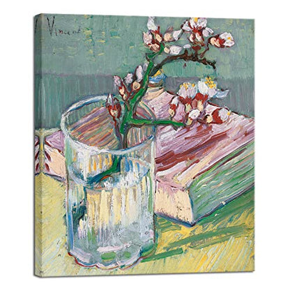 Wieco Art Canvas Wall Art Blossoming Almond Branch in a Glass with a Book by Vincent Van Gogh Large Canvas Prints for Living Room Decoration Post-impressionism Pictures Artwork - size: 24"L x 20"W