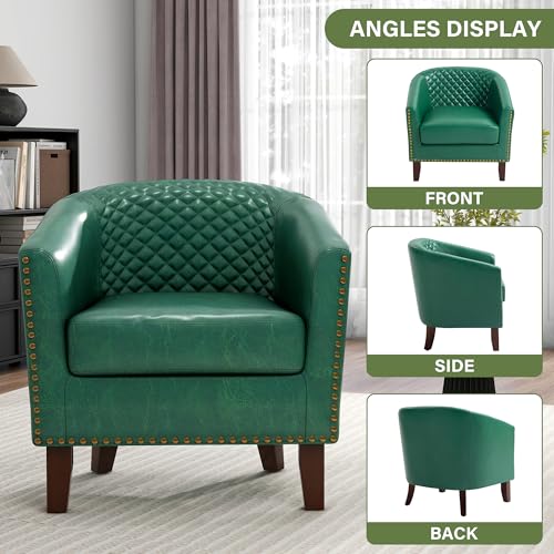 Faux Leather Accent Chair, Modern Barrel Club Chair, Green | Comfy Upholstered Armchair for Living Room, Round Club Chair Single Sofa Bedroom Reading Seat | 26"D*29"W*29"H - color: Green