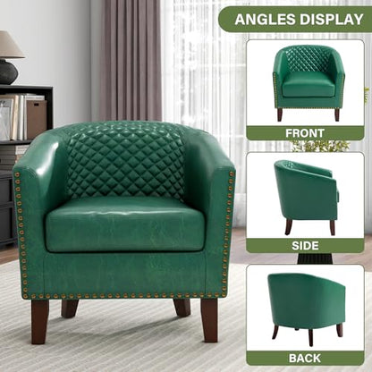 Faux Leather Accent Chair, Modern Barrel Club Chair, Green | Comfy Upholstered Armchair for Living Room, Round Club Chair Single Sofa Bedroom Reading Seat | 26"D*29"W*29"H - color: Green