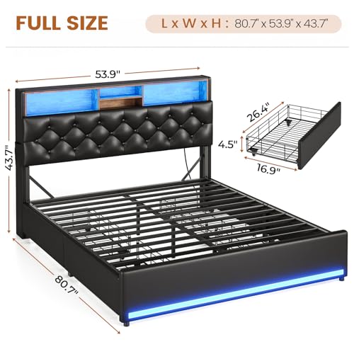Full Size Bed Frame with Headboard Storage,4 Drawers,Lights,Black PU | LED Bed Frame Full Size with Charging Station, Lights, 5 Shelves, Upholstered Bed with Metal Slats, No Box Spring Needed - color: Black-pu Leather, size: Full