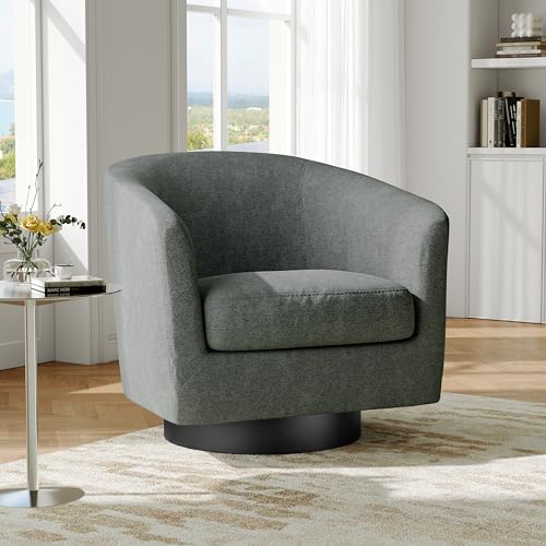 Swivel Barrel Accent Chair, Comfy Reading Armchair, Dark Grey, Set of 1 | Club Chairs for Adults, Low-Back Design, Modern Round Style, Solid Wood Frame & Metal Swivel Base, For Living Room & Bedroom - color: Dark Grey