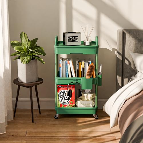Sorgion 3 Tier Rolling Cart Organizer,Laundry Room Bathroom Organizers and Storage Office Shelves Mobile Shelving Unit Kitchen Trolley Cart with Wheels for Art,Craft,Diaper,Bedside,Snack(Green) - size: 3Tier-Green