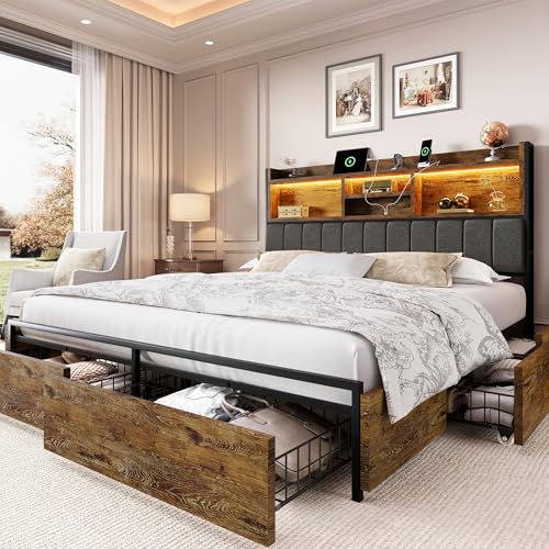 Queen Bed Frame with 6 Storage Drawers, Bed Frame Queen Size with Linen Upholstered Headboard, Built in Charging Station and LED, No Noise, Metal Support, No Box Spring Needed,Vintage Brown - color: Brown and Grey, size: Queen