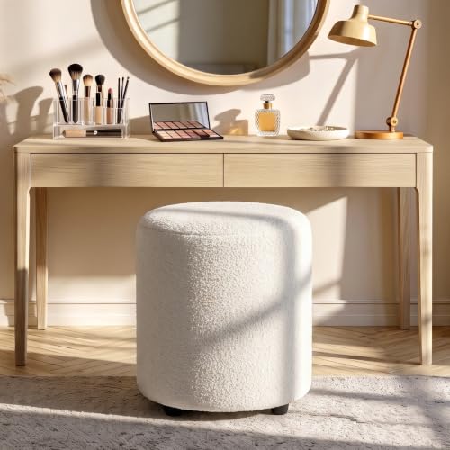 Modern Round Vanity Stool, Small Ottoman, Cute Fabric Foot Stool, Teddy Fleece Footrest, Upholstered Vanity Chair, Stool for Makeup, Bedroom, Living Room (2, Round-White) - color: Round-white