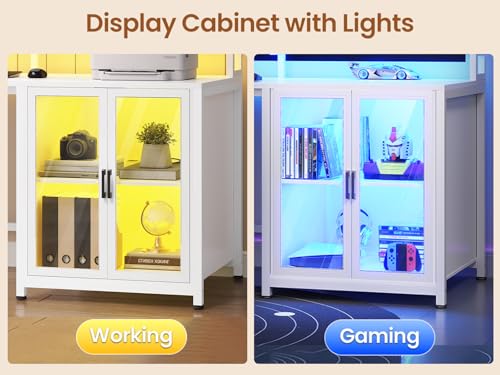 SEDETA L Shaped Gaming Desk with 4 Drawers, 109” Computer Desk with Display Cabinet, Home Office Desks with 2 Monitor Stands, CPU Stand, LED Lights and Power Outlet, White - color: White