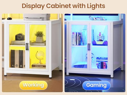 SEDETA L Shaped Gaming Desk with 4 Drawers, 109” Computer Desk with Display Cabinet, Home Office Desks with 2 Monitor Stands, CPU Stand, LED Lights and Power Outlet, White - color: White