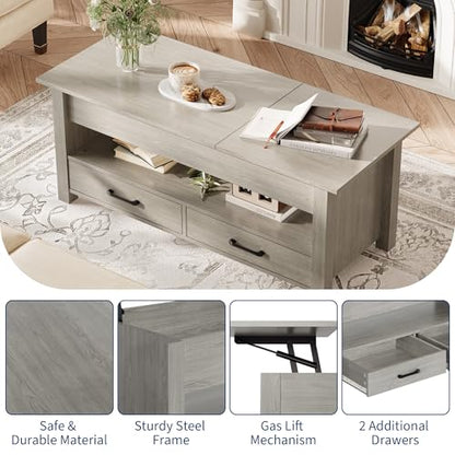 Multifunctional Lift Top Coffee Table, Convertible Wooden Coffee Table with 2 Drawers & Hidden Compartment, Storage Center Table for Living Room Home Office,Grey - color: Grey