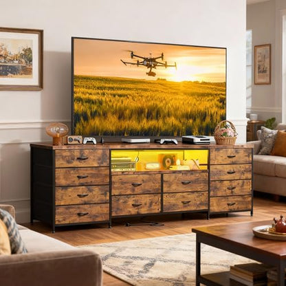 EnHomee 12 Drawers Dresser for Bedroom,TV Stand Fits 55/65/70 inch TVs | Entertainment Center with LED Lights & Power Outlets,Long Fabric Dresser with 2 Wood Shelves for Living Room,Brown Wood Grain - color: Brown Wood Grain