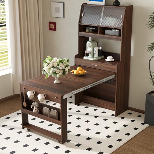 Wood Buffet Cabinet with Folding Dining Table, Craft Cabinet with Fold Out Table and Storage Shelf, Hooks, Multifunctional Cupboard for Small Places,Studio, Apartment (Walnut) - color: Walnut