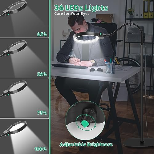 Large 10X Rechargeable Hands Free Magnifying Glass for Reading with Light | Flexible Gooseneck Floor Magnifying Lamp,36 LED,Adjustable Brightness,Lighted Magnifiers for Reading,Sewing,Crafts