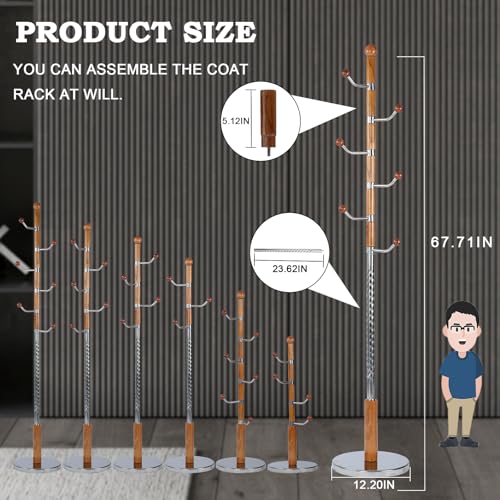 Coat Racks FreeStanding with 11 Hooks, Natural Wood Coat Rack with Solid Round Base, Adjustable Height Coat Racks, Easy Assembly for Hallway, Bedroom and Office (Solid Wood Metal Hook) - color: Solid Wood Metal Hook