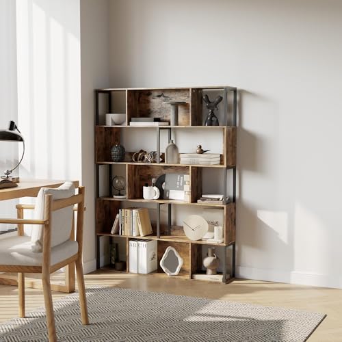 Garvee 5-Tier Bookshelf, Tall Geometric Bookcase, Modern Room Divider & Display Shelf with Anti-Tipping Devices, Mid Century Bookshelf for Living Room, Home Office | Display Shelf with Anti-Tipping Devices, Mid Century Bookshelf for Living Room, Home Offi