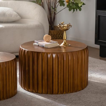 45.07'' Round Coffee Table Set of 2, Modern Mid-Century Circle Fluted Drum Nesting Coffee Table for Living Room, No Assembly, Walnut - color: 45.07in-walnut