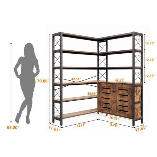Wildhome 6-Shelf Corner Bookshelf, Vintage Industrial Corner Shelf Etagere Bookcase, Large Book Shelf with Metal Frame Open Storage Corner Cabinet (Brown-Lockers, Large) - color: Brown, size: Large With Storage Cabinet