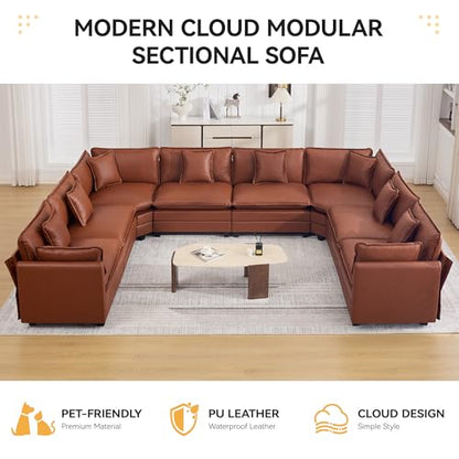 147'' Oversized U Shaped Cloud Sectional Sofa, Leather Deep Seat Couches for Living Room, Comfy Upholstered Modular Sectional Sofa Couch, Leather Brown - color: Pu-dark Brown, size: 147'' Oversized U Shape