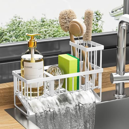 Cisily Sink Caddy Sponge Holder - Stainless Steel Rustproof, High Brush Holder, Dish Sponge Organizer with Divider (White) - color: White, size: 9.25″