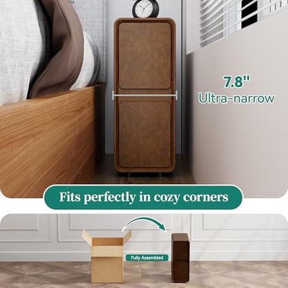 7.8" W Leather Narrow Nightstand Set of 2, Modern Fully-Assembled Bedside Table with 2 Drawers, White Night Stand Small Accent End Table & Side Table for Bedroom, Brown - color: Brown Set of 2, size: 8in