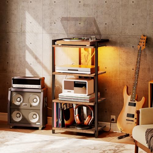 HOOBRO 4-Tier AV Media Stand, Media Console with Charging Station and LED Light, Wooden Stereo Cabinet, Corner TV Stand, Record Player, Entertainment Device Stand, Rustic Brown and Black BF38UDCJ01 - color: Rustic Brown + Black, size: 16.5"L x 10.6"W x 31