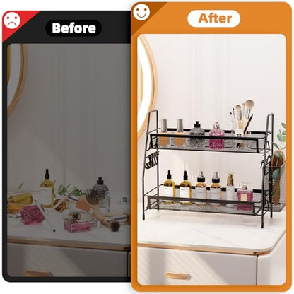 VITVITI 2 Tier Bathroom Countertop Organizer, Vanity Storage Shelf, Black | Bathroom Counter Organizer, Vanity Makeup Tray Shelf, Kitchen Spice Rack, Metal Wire Mesh, with Basket Hooks - color: 2 Tier Large Black