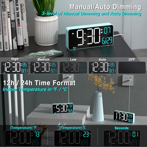 Digital Alarm Clock for Bedroom, 6.7in Desk Clock LED, Auto Dimming, Room Temperature, Day of The Week, Date, Seconds, Clocks for Living Room, Alarm Clocks for Bedrooms - color: Blue (White + Blue Digits)