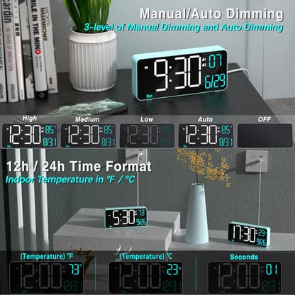 Digital Alarm Clock for Bedroom, 6.7in Desk Clock LED, Auto Dimming, Room Temperature, Day of The Week, Date, Seconds, Clocks for Living Room, Alarm Clocks for Bedrooms - color: Blue (White + Blue Digits)