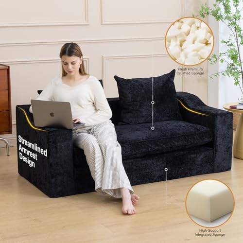 61" Boneless Loveseat Sleeper, Folding Sofa Bed, Diamond Velvet Cover,Black | Memory Foam Pull Out Futon Bed with Removable Washable Cover, Space-Saving Fold Out Couch for Living Room & Guest Room - color: Black