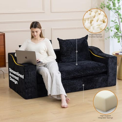 61" Boneless Loveseat Sleeper, Folding Sofa Bed, Diamond Velvet Cover,Black | Memory Foam Pull Out Futon Bed with Removable Washable Cover, Space-Saving Fold Out Couch for Living Room & Guest Room - color: Black