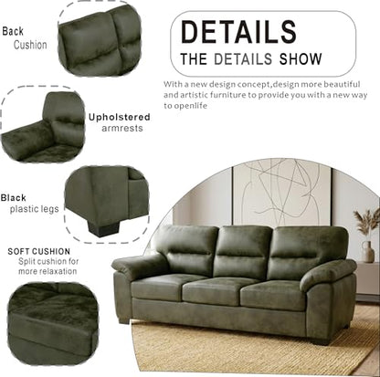 Eafurn Mid-Century Modern 3-Seater Loveseat Sofa Couch with Sturdy Wood Frame & Cushioned Armrests, 81" Compact Faux Leather Settee Furniture for Living Room, Apartment, Office - color: Olive Green 81"