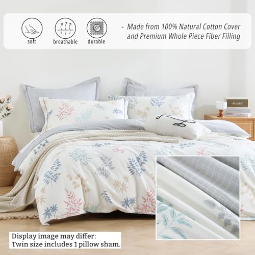LEMIROE White & Gray Whimsical Botanical Cotton Comforter Set Twin Size 2PC | Pastel Leaf Print & Light Gray Grid Reversible Design, Lightweight, Cotton Shell, Down Alternative Fill, 1 Pillow Sham - color: Botanical Serenity - White & Gray Grid, size: Twi