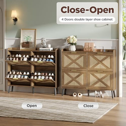 Maupvit Large Shoe Storage Cabinet with 4 Flip Drawers, Narrow Shoe Cabinet for Entryway with Wooden Legs, Freestanding Hidden Shoe Rack Organizer ＆ Metal Hinges, Rustic Oak Rattan - color: Rustic Oak Rattan, style: 4-Drawers