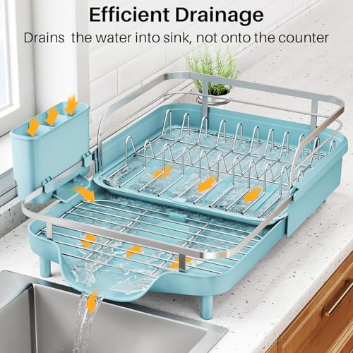 SNTD Expandable Dish Drying Rack for Kitchen Counter, 15.2-22.1 in, Blue | Rust-Resistant Stainless Steel, Protective Side Rails, Self-Draining Drainboard, Removable Utensil Holder - color: Blue