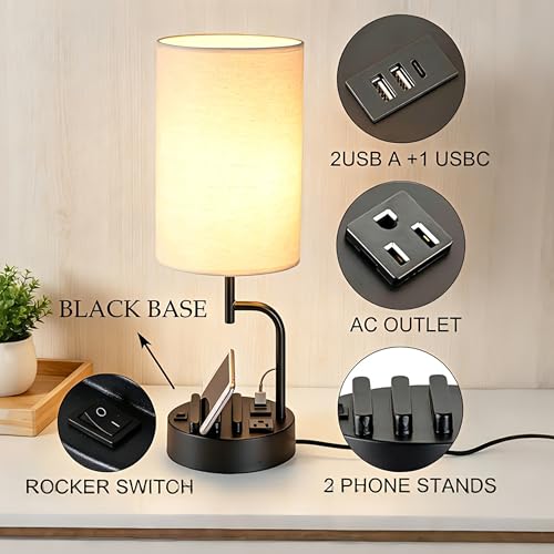Dreamholder 2 Pack Table Lamp, Bedside Lamp with 3 USB Charging Ports & AC Outlet, USB Desk Lamp with 2 Phone Holders, Linen Fabric Shade Nightstand Lamps for Bedroom Living Room Office, Black - color: Black