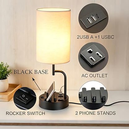 Dreamholder 2 Pack Table Lamp, Bedside Lamp with 3 USB Charging Ports & AC Outlet, USB Desk Lamp with 2 Phone Holders, Linen Fabric Shade Nightstand Lamps for Bedroom Living Room Office, Black - color: Black