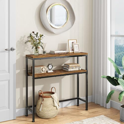 Simple Trending Console Table, 2-Tier Narrow Sofa Table, Rustic Brown | Entryway Table with Storage Shelf, Metal Frame, Adjustable Feet Pads, for Entryway, Living Room, 8 x 31.75 x 31.25Inches - size: 2-Tiers Sofa Table